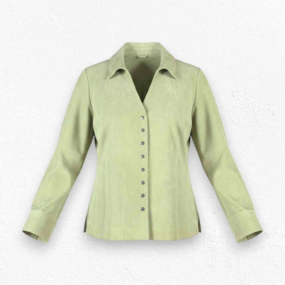 Y2K CJ Banks Spring Light Green Suede Snap Button V Neck Leather Jacket Size 2X